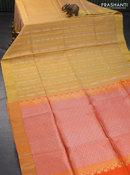 Pure raw silk saree yellow and orange with silver & gold zari weaves and zari woven border