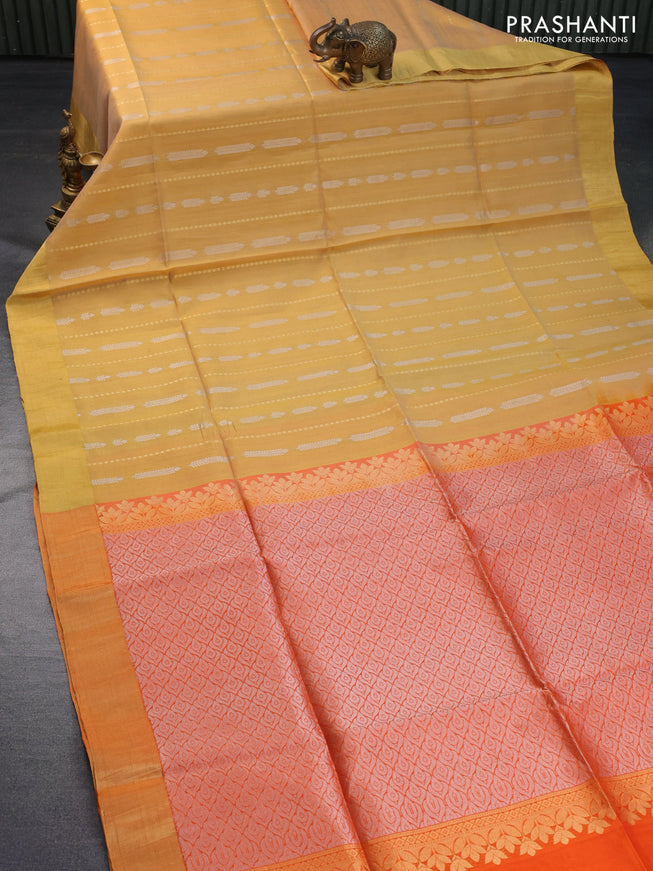 Pure raw silk saree yellow and orange with silver & gold zari weaves and zari woven border