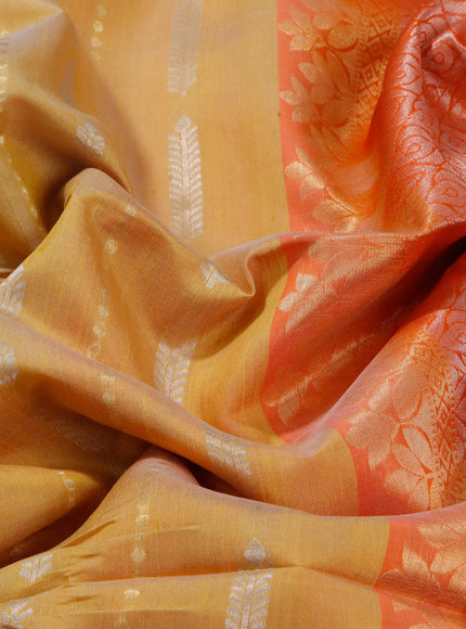 Pure raw silk saree yellow and orange with silver & gold zari weaves and zari woven border