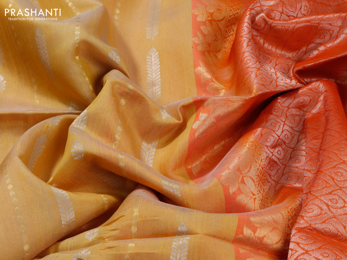 Pure raw silk saree yellow and orange with silver & gold zari weaves and zari woven border