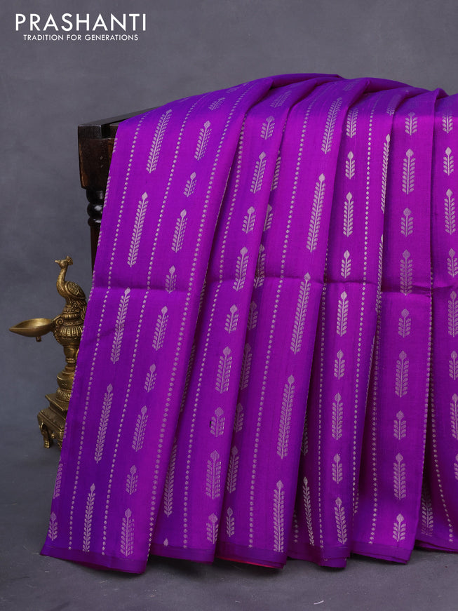 Pure raw silk saree purple and pink with allover silver zari weaves in borderless style