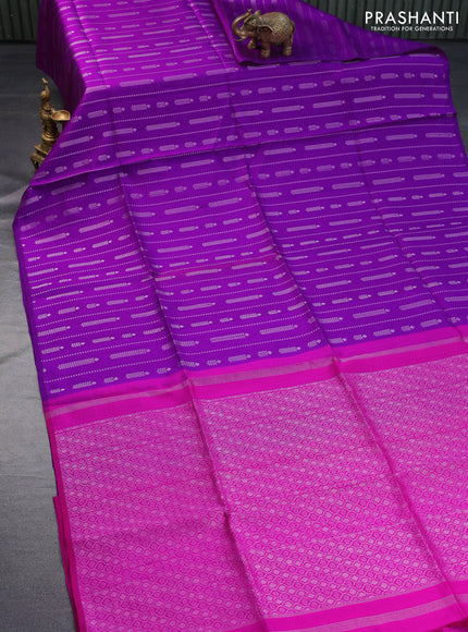 Pure raw silk saree purple and pink with allover silver zari weaves in borderless style