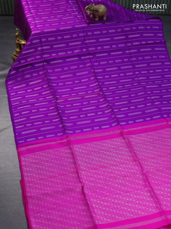 Pure raw silk saree purple and pink with allover silver zari weaves in borderless style