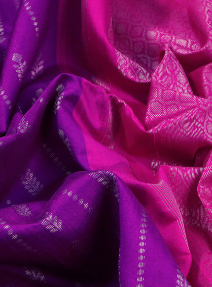 Pure raw silk saree purple and pink with allover silver zari weaves in borderless style