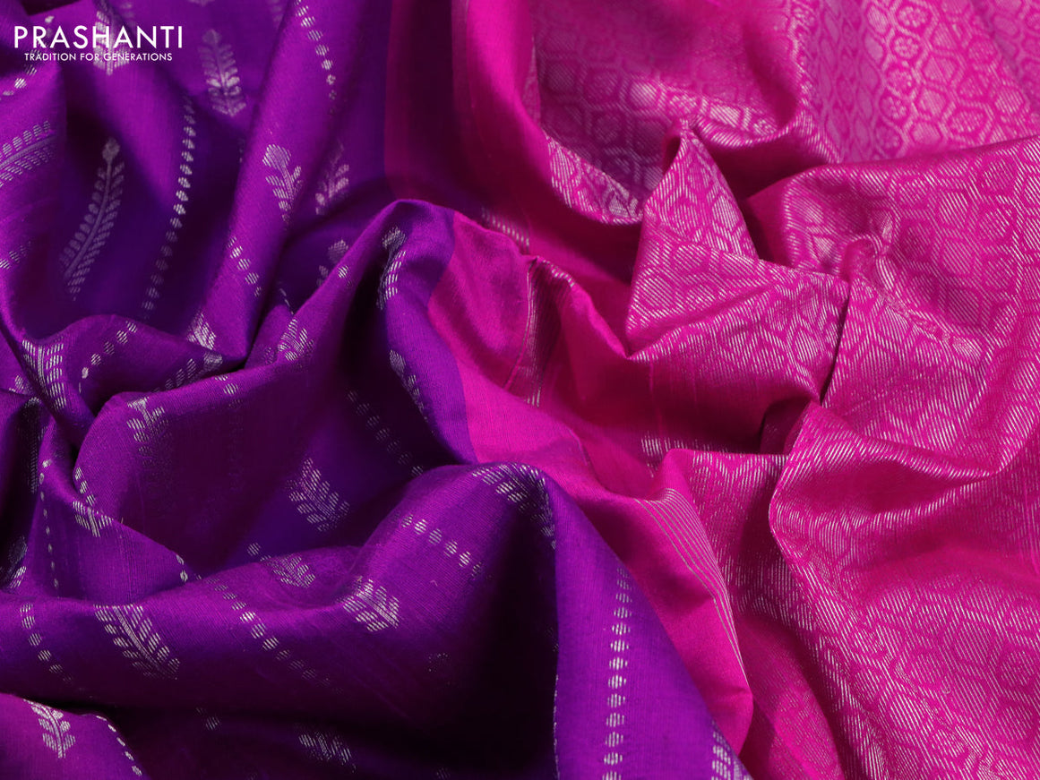 Pure raw silk saree purple and pink with allover silver zari weaves in borderless style