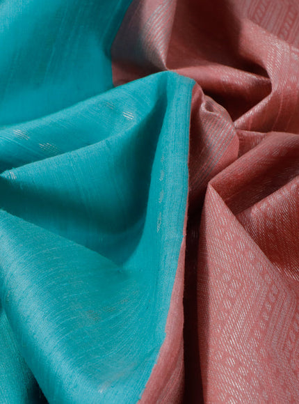 Pure raw silk saree light blue and peach pink with silver zari woven buttas and silver zari woven piping border