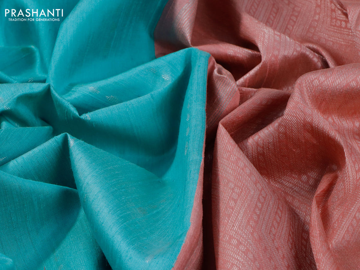 Pure raw silk saree light blue and peach pink with silver zari woven buttas and silver zari woven piping border