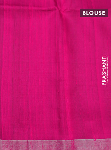 Pure raw silk saree lime green and pink with allover silver zari weaves and silver zari woven piping border