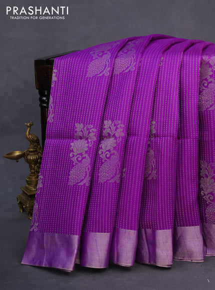 Pure raw silk saree violet and mustard yellow with allover silver zari weaves and silver zari woven border