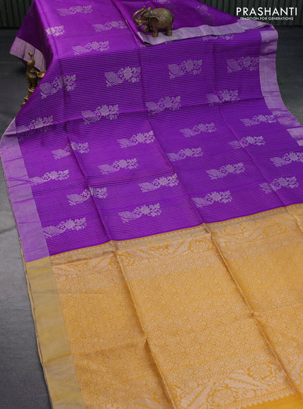 Pure raw silk saree violet and mustard yellow with allover silver zari weaves and silver zari woven border