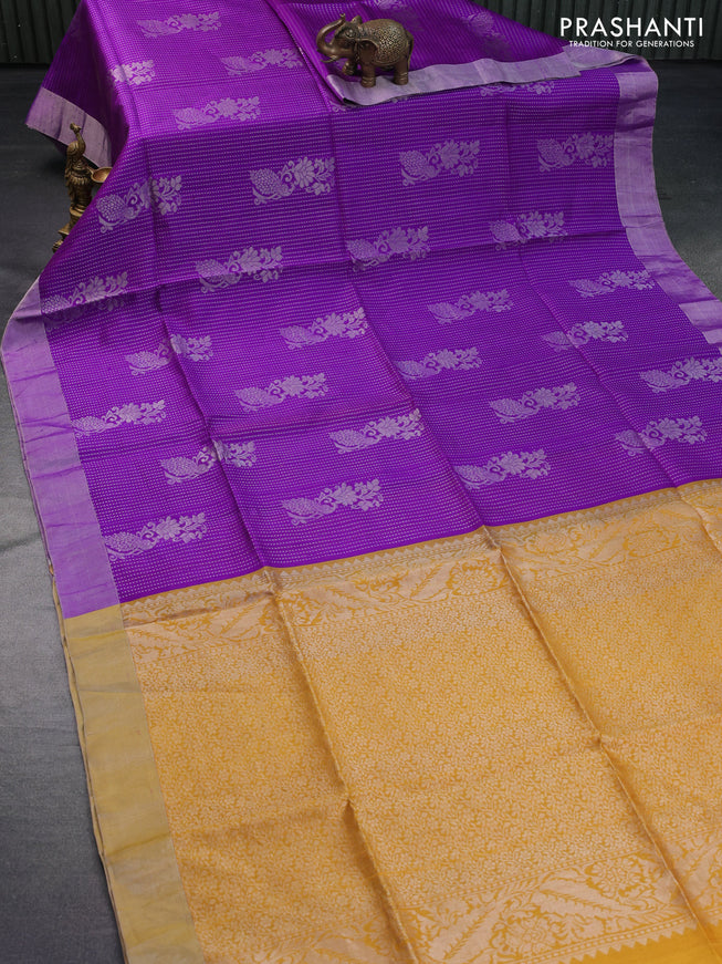 Pure raw silk saree violet and mustard yellow with allover silver zari weaves and silver zari woven border