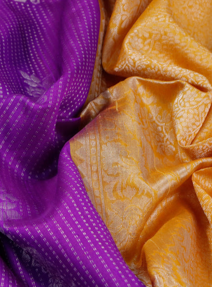 Pure raw silk saree violet and mustard yellow with allover silver zari weaves and silver zari woven border