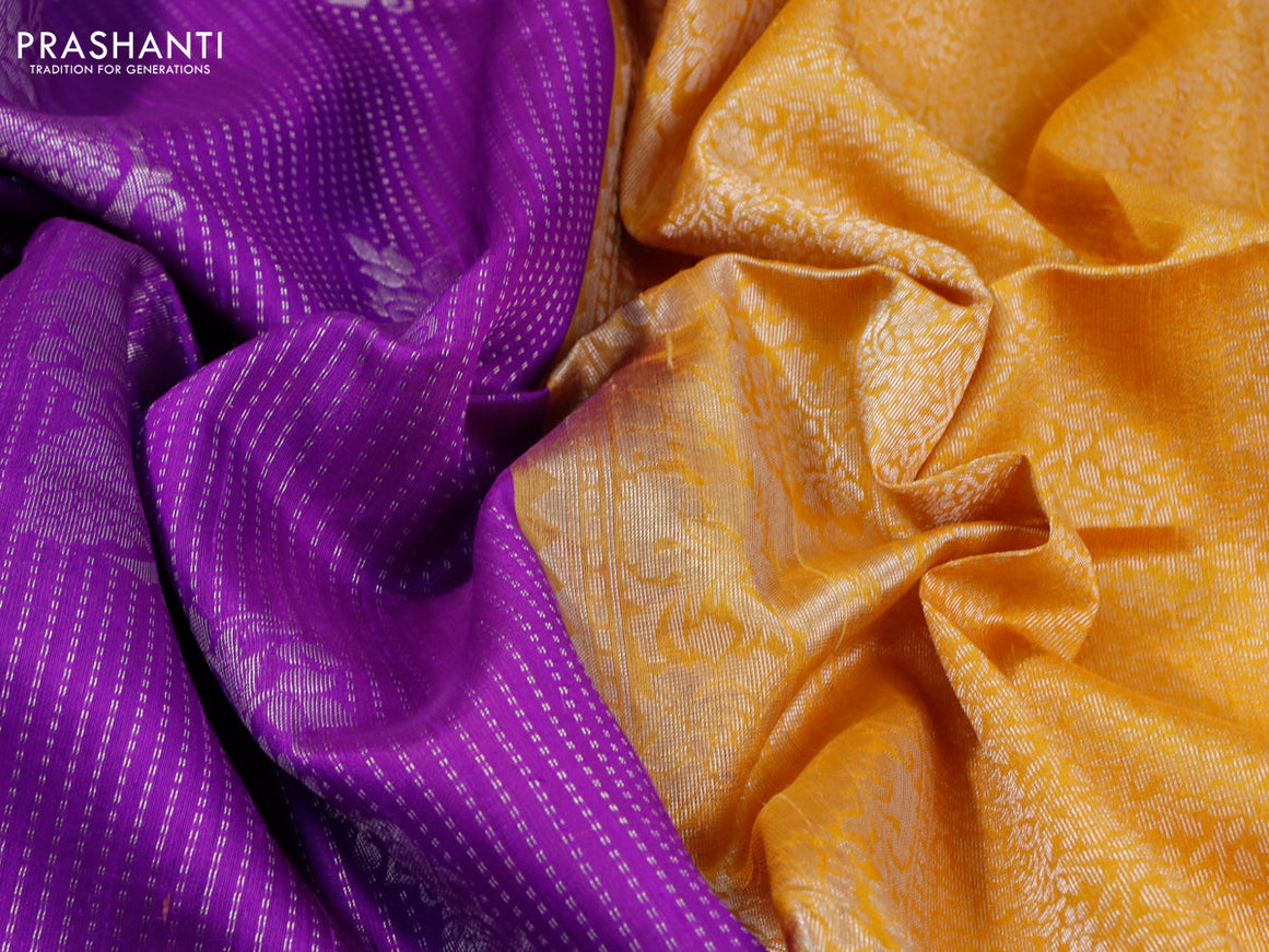 Pure raw silk saree violet and mustard yellow with allover silver zari weaves and silver zari woven border