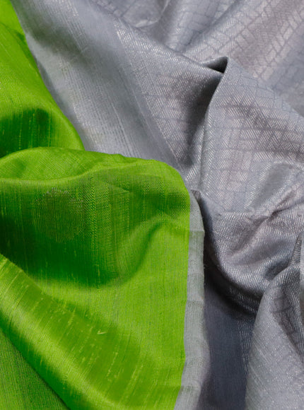 Pure raw silk saree light green and grey with silver zari woven buttas in borderless style