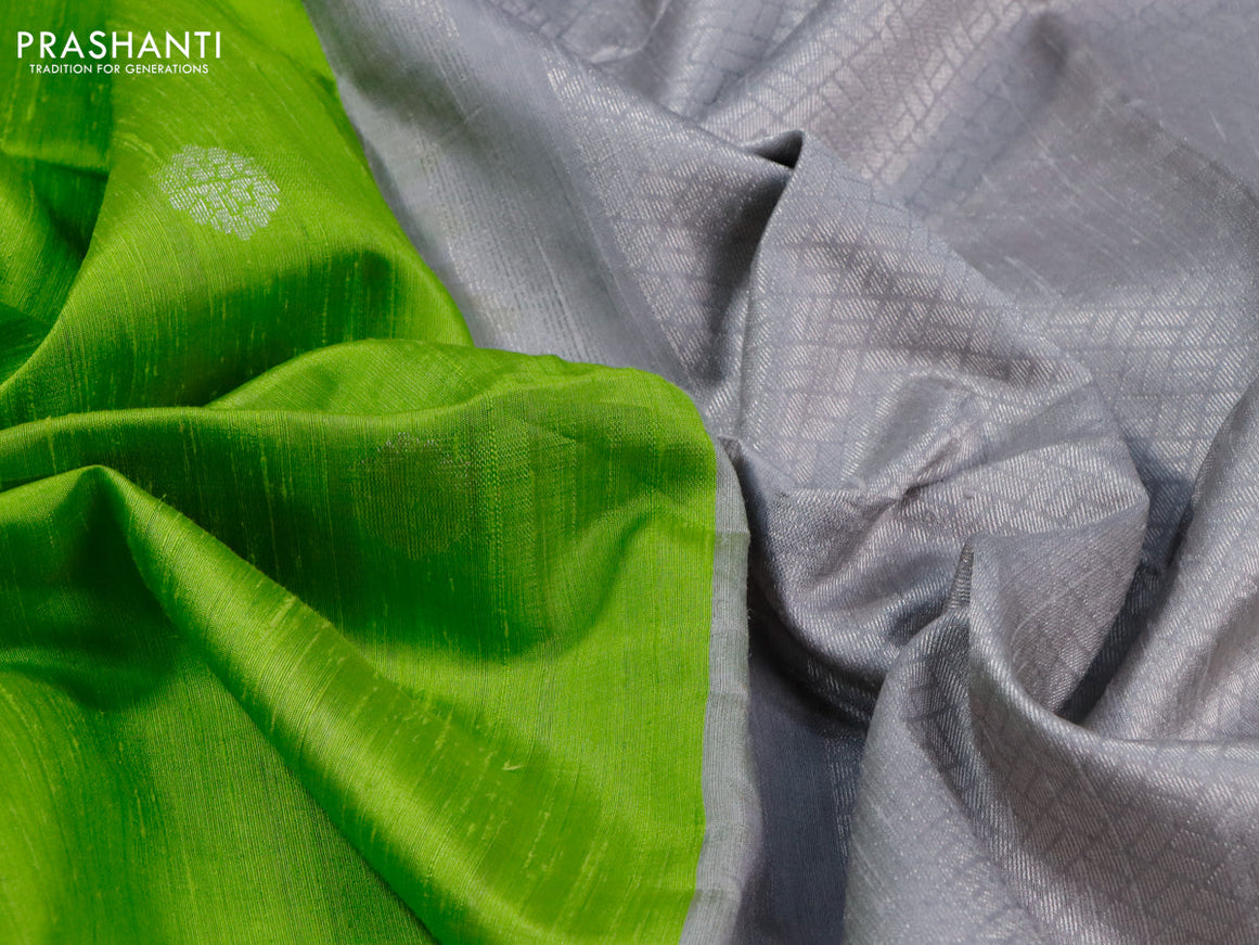 Pure raw silk saree light green and grey with silver zari woven buttas in borderless style