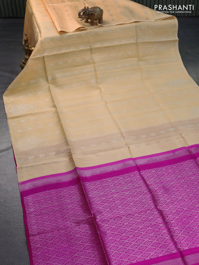 Pure raw silk saree sandal and pink with silver zari woven buttas in borderless style