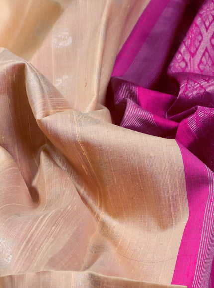 Pure raw silk saree sandal and pink with silver zari woven buttas in borderless style