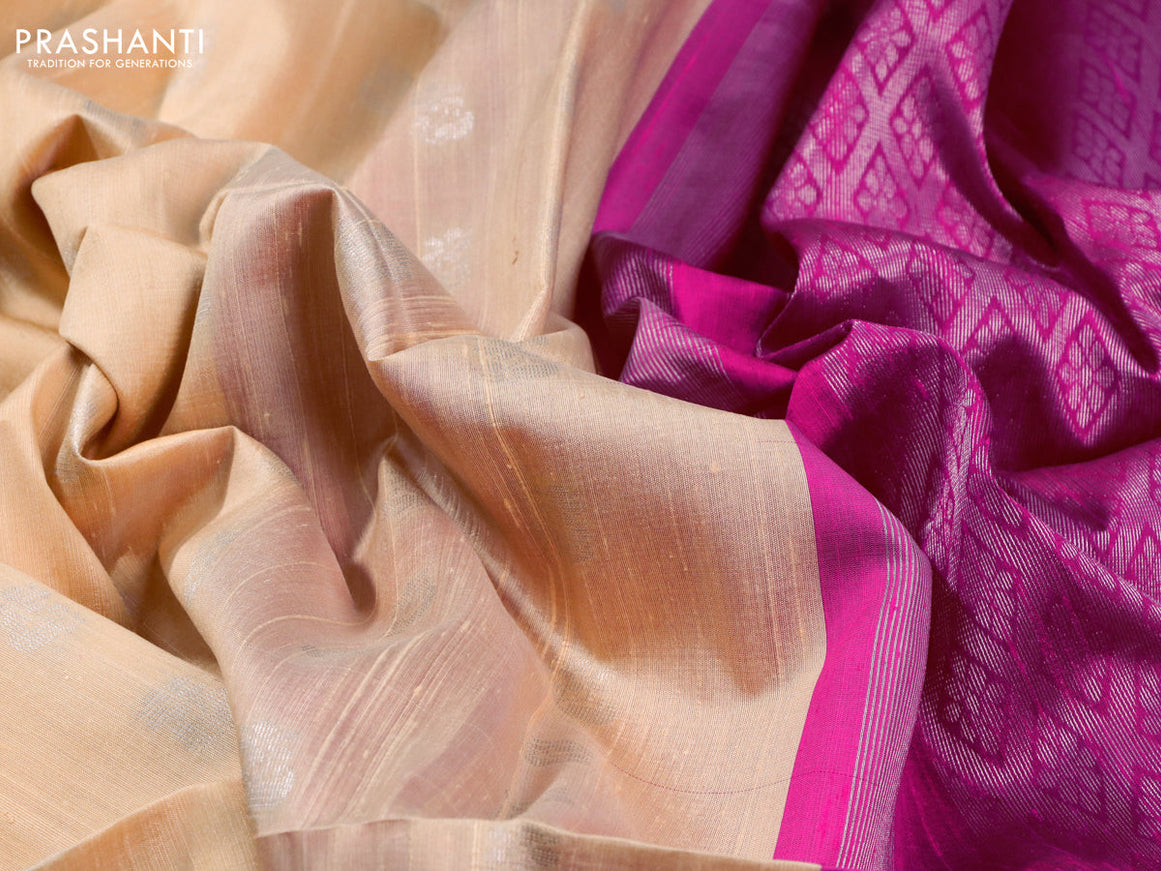 Pure raw silk saree sandal and pink with silver zari woven buttas in borderless style