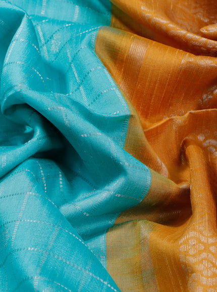 Pure raw silk saree light blue and mustard yellow with allover silver zari checks & buttas and silver zari woven border