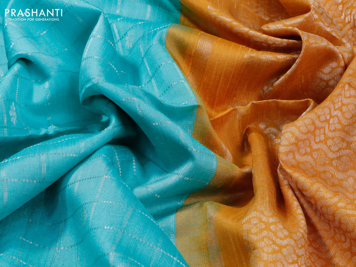 Pure raw silk saree light blue and mustard yellow with allover silver zari checks & buttas and silver zari woven border