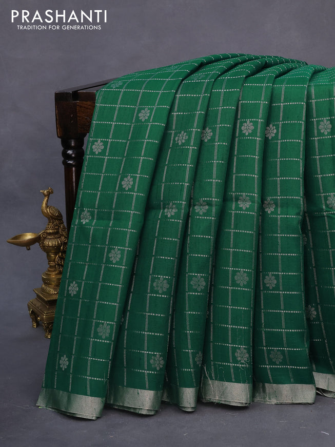 Pure raw silk saree green and mustard yellow with allover silver zari checks & buttas and silver zari woven border