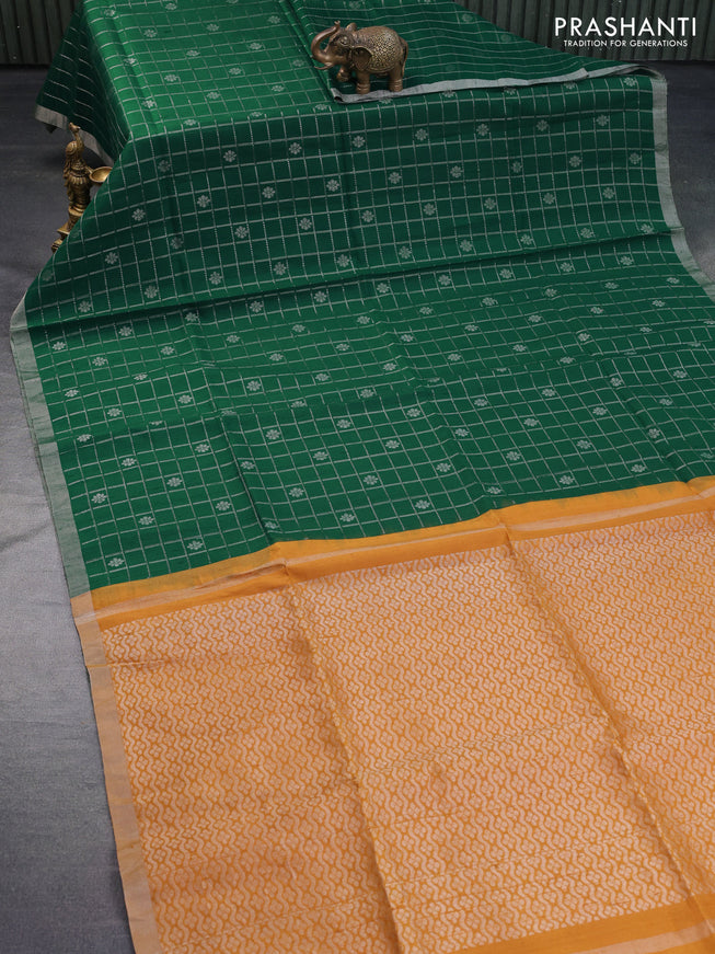 Pure raw silk saree green and mustard yellow with allover silver zari checks & buttas and silver zari woven border