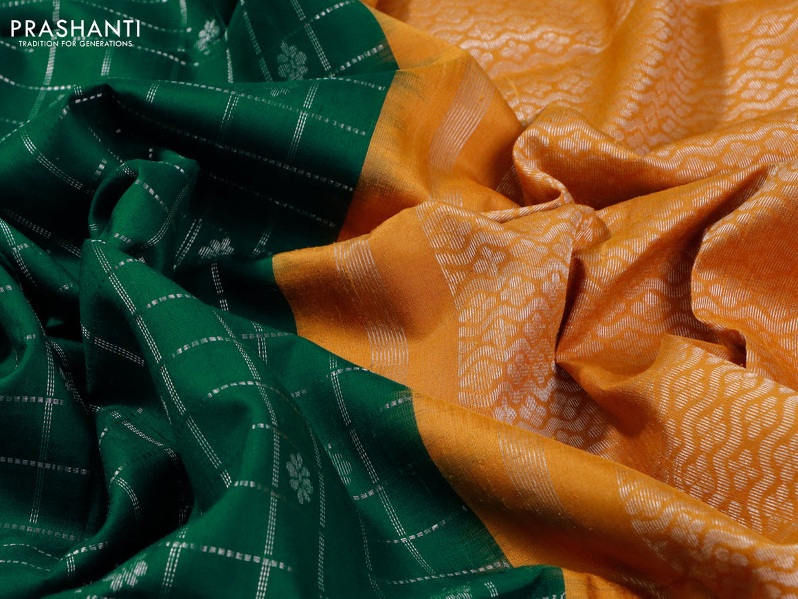 Pure raw silk saree green and mustard yellow with allover silver zari checks & buttas and silver zari woven border