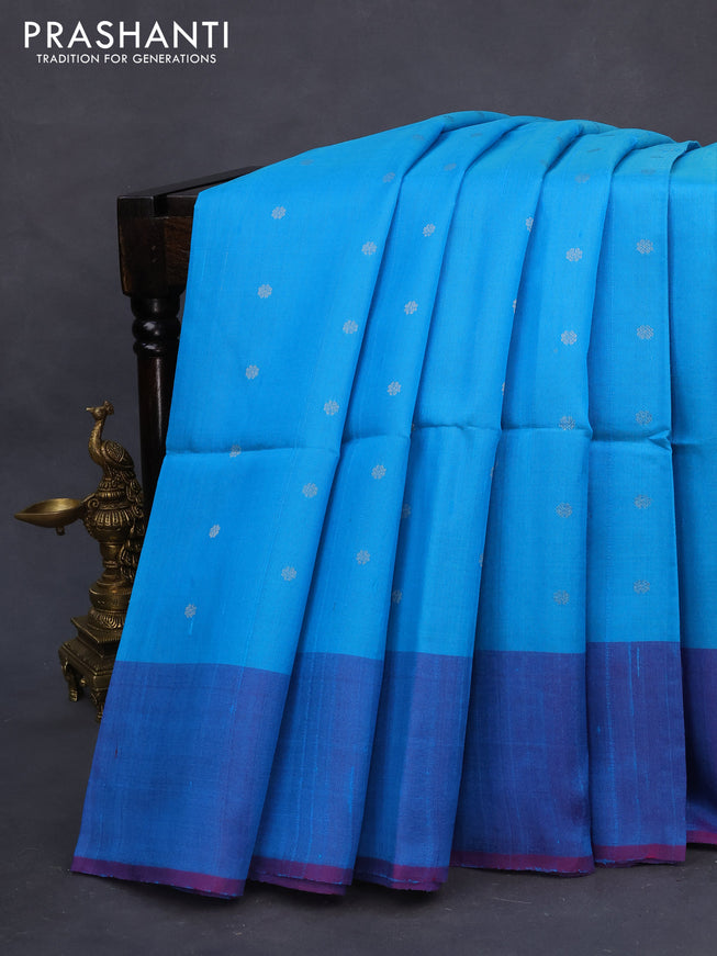 Pure raw silk saree light blue and pink with silver zari woven buttas in borderless style