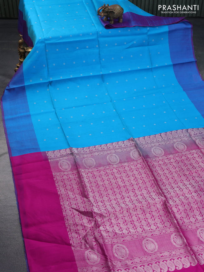 Pure raw silk saree light blue and pink with silver zari woven buttas in borderless style