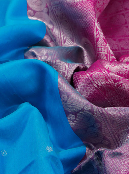 Pure raw silk saree light blue and pink with silver zari woven buttas in borderless style