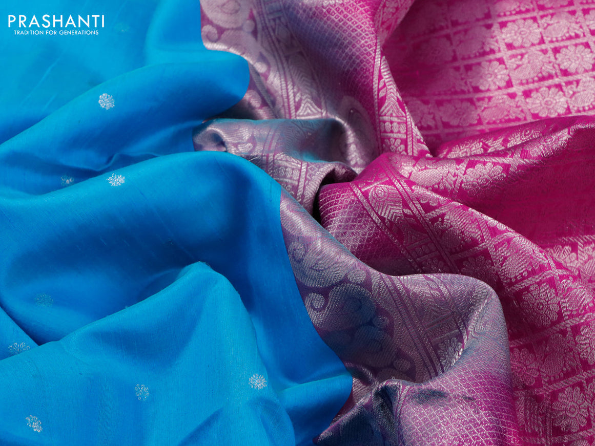 Pure raw silk saree light blue and pink with silver zari woven buttas in borderless style