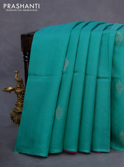 Pure raw silk saree teal green and pink with silver zari woven buttas in borderless style