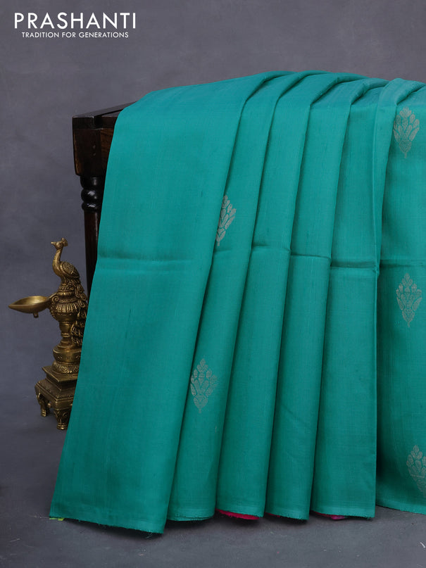 Pure raw silk saree teal green and pink with silver zari woven buttas in borderless style