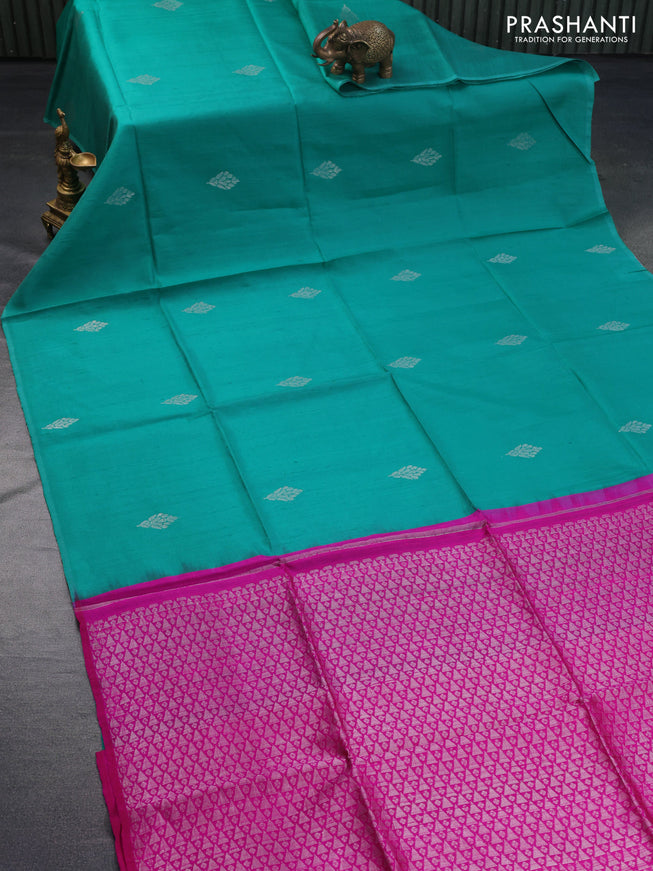 Pure raw silk saree teal green and pink with silver zari woven buttas in borderless style