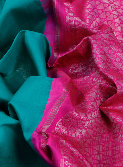 Pure raw silk saree teal green and pink with silver zari woven buttas in borderless style