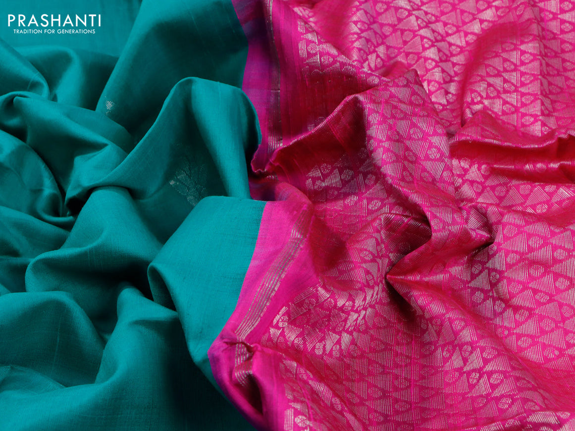 Pure raw silk saree teal green and pink with silver zari woven buttas in borderless style