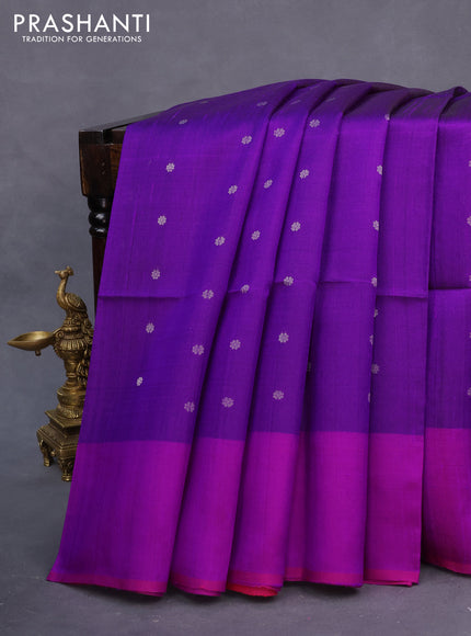 Pure raw silk saree purple and pink with silver zari woven buttas in borderless style