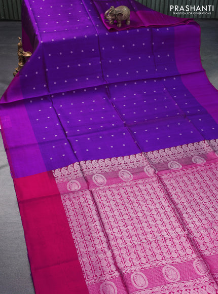 Pure raw silk saree purple and pink with silver zari woven buttas in borderless style