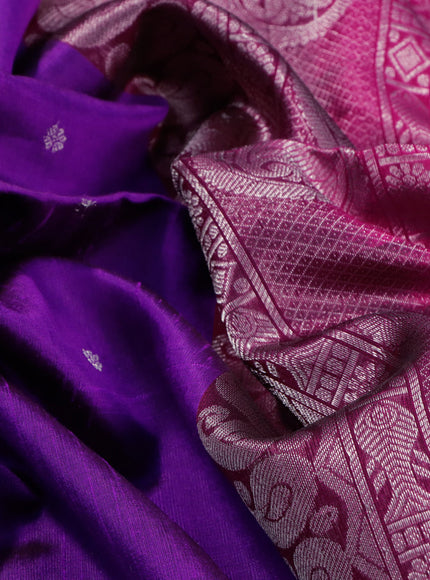 Pure raw silk saree purple and pink with silver zari woven buttas in borderless style