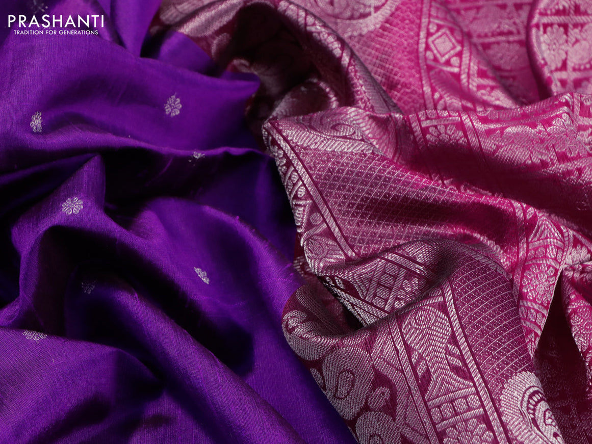 Pure raw silk saree purple and pink with silver zari woven buttas in borderless style