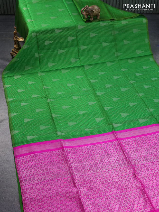 Pure raw silk saree light green and pink with allover silver zari weaves in borderless style