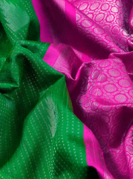 Pure raw silk saree light green and pink with allover silver zari weaves in borderless style