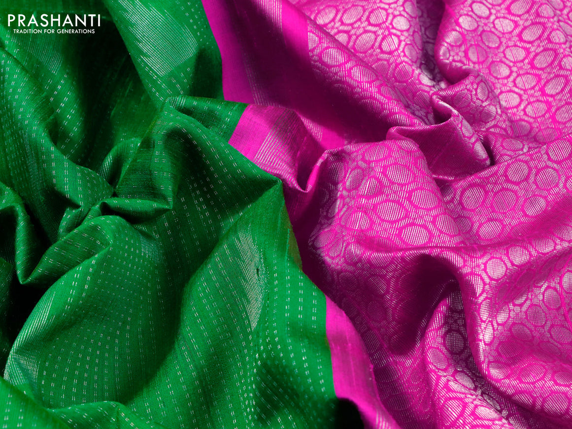 Pure raw silk saree light green and pink with allover silver zari weaves in borderless style