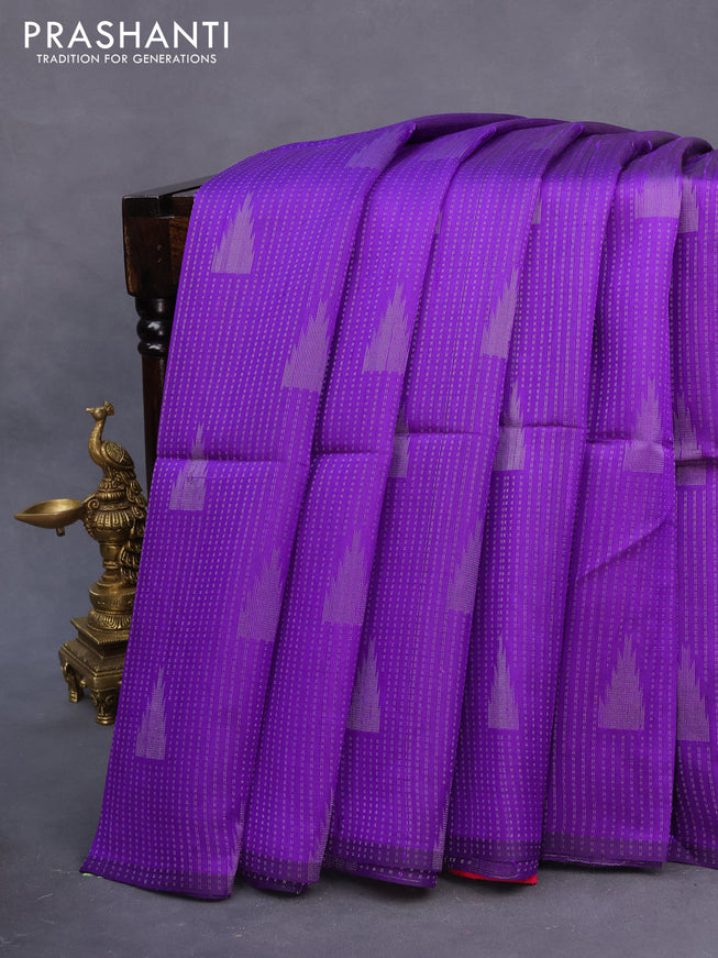 Pure raw silk saree violet and pink with allover silver zari weaves in borderless style