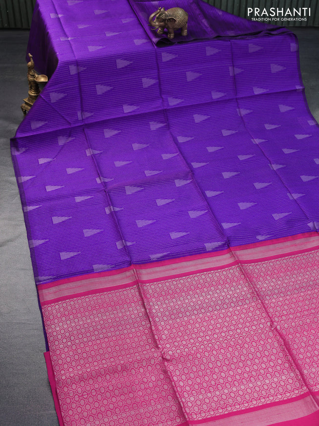 Pure raw silk saree violet and pink with allover silver zari weaves in borderless style