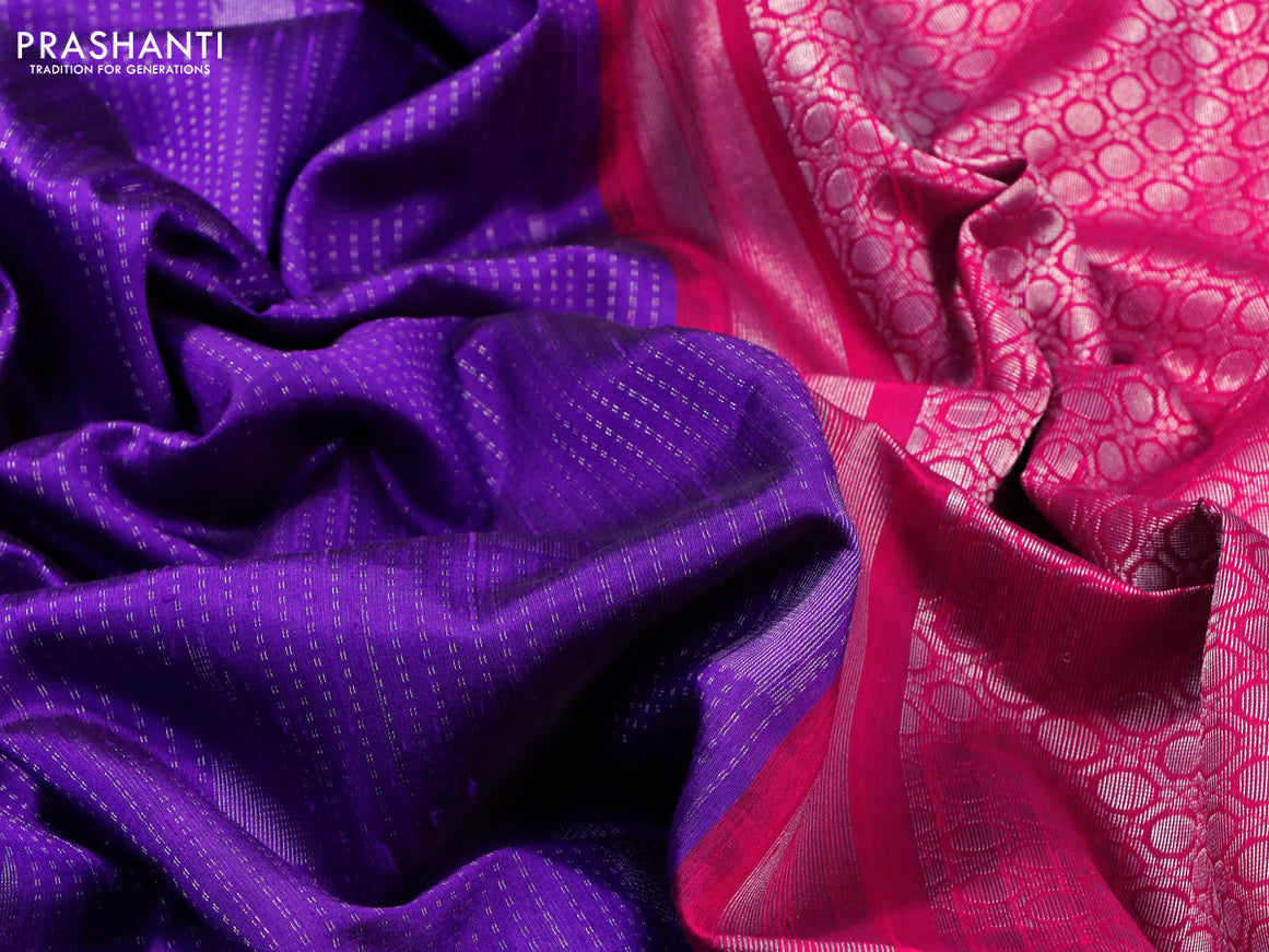 Pure raw silk saree violet and pink with allover silver zari weaves in borderless style