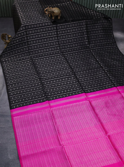 Pure raw silk saree black and pink with allover silver zari weaves in borderless style