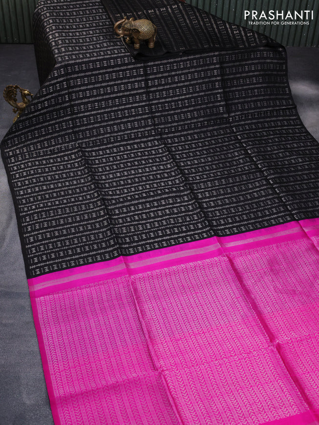 Pure raw silk saree black and pink with allover silver zari weaves in borderless style