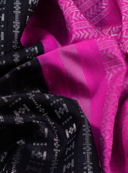 Pure raw silk saree black and pink with allover silver zari weaves in borderless style