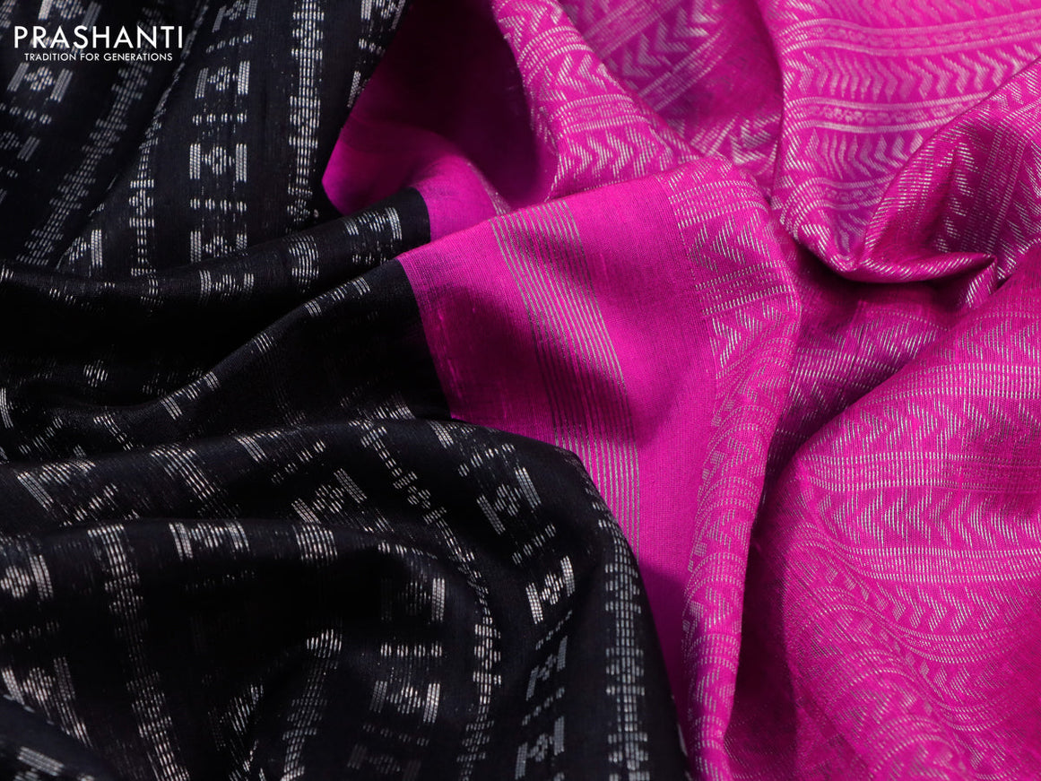 Pure raw silk saree black and pink with allover silver zari weaves in borderless style